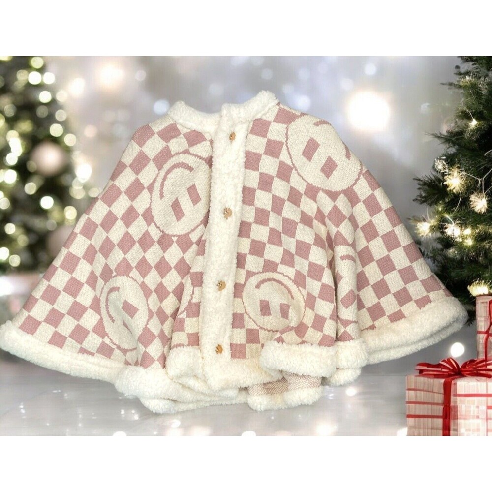 Christmas Tree Skirt 50" Smiley Face Cream/Mauve Sherpa Trim Shabby Chic New
